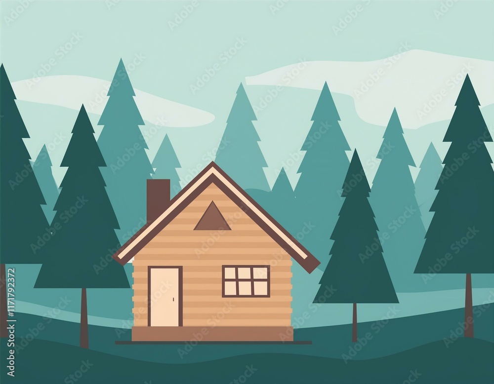 cabin in the woods minimalistic flat design landscape illustration image for a wallpaper background postcard or poster cabin in the woods minimalistic flat design landscape illustration image for a wallpaper background postcard or poster