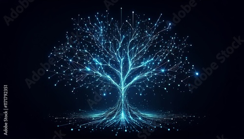 A technology tree symbolizing digital connections and AI, in a creative and futuristic design.