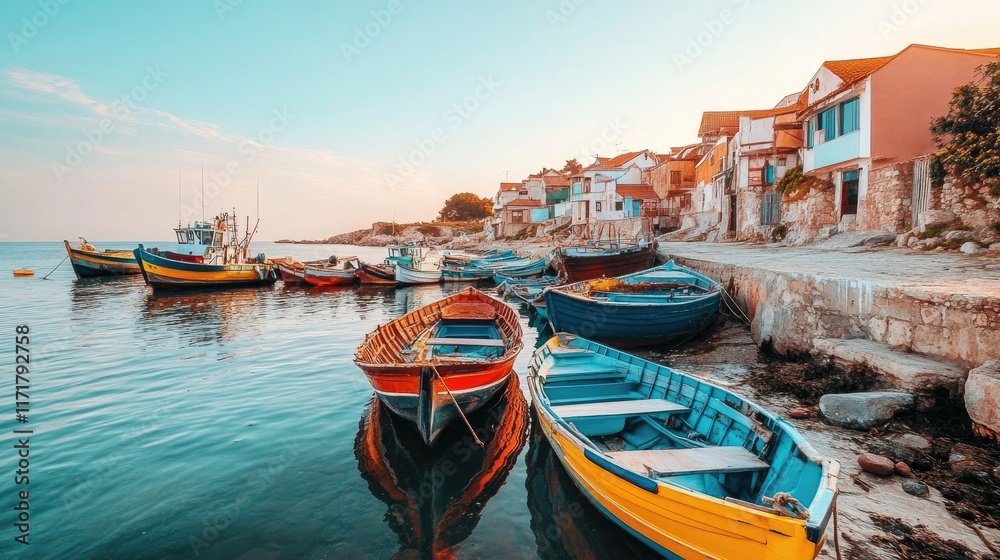 Charming fishing village with colorful boats lining the docks against a clear sky Charming fishing village with colorful boats lining the docks against a clear sky