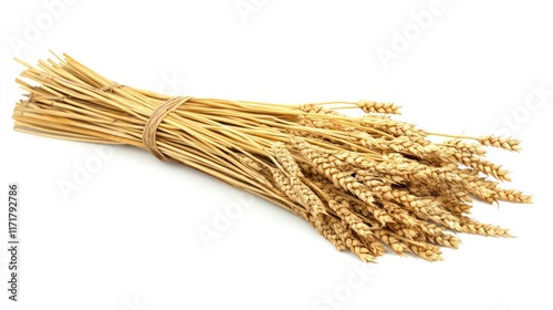 A bundle of ripe wheat stalks tied together, isolated on a white background.