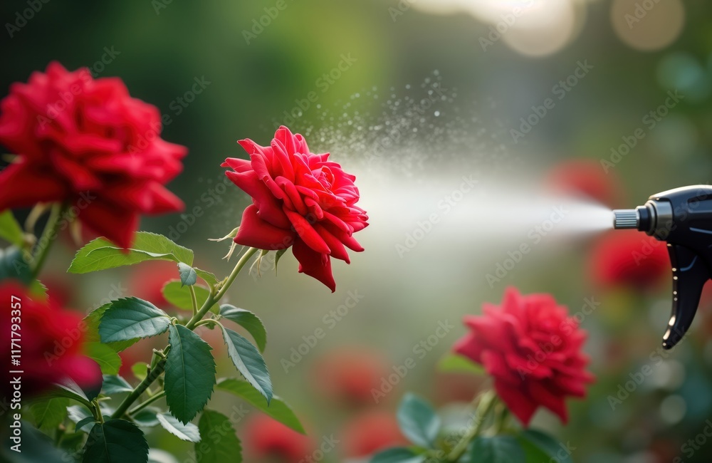 Gardener sprays red roses with chemical spray to protect from vermin. Organic pest control needed in garden. Healthy roses sprayed with insecticide. Cultivated plants require care, protection. Pro Gardener sprays red roses with chemical spray to protect from vermin. Organic pest control needed in garden. Healthy roses sprayed with insecticide. Cultivated plants require care, protection. Pro