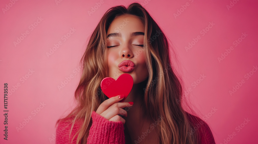 Smiling woman with red heart-shaped card blowing kiss against soft pink backdrop, expressing romantic Valentine's greeting Smiling woman with red heart-shaped card blowing kiss against soft pink backdrop, expressing romantic Valentine's greeting