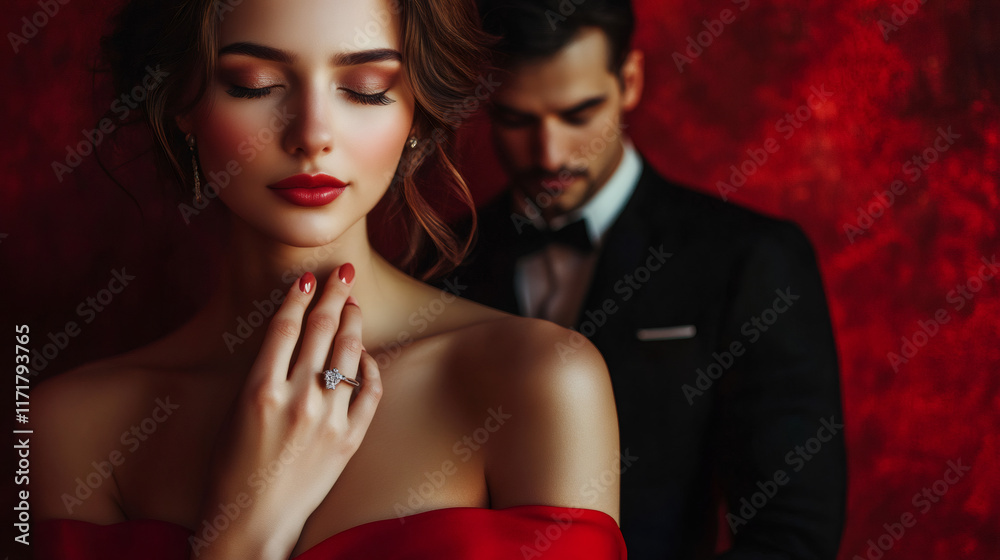 Romantic Valentine's Day scene with an elegant couple showing love and passion against a red background Romantic Valentine's Day scene with an elegant couple showing love and passion against a red background