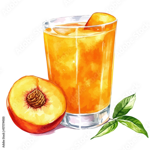 A watercolor vector painting of a glass of peach juice, isolated on a white background. Peach Juice vector.

