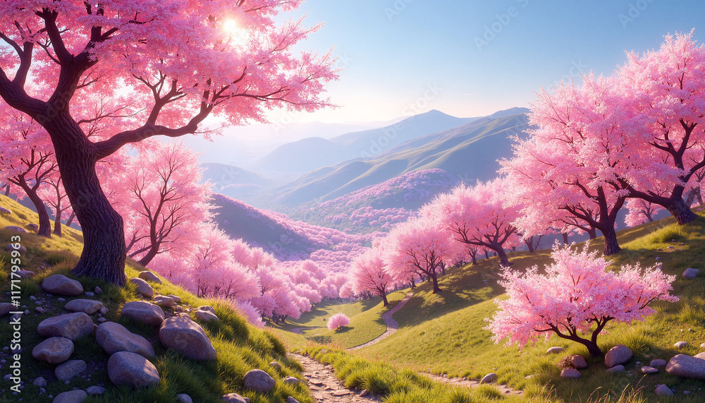 Cherry blossom trees blooming in scenic mountain landscape Cherry blossom trees blooming in scenic mountain landscape