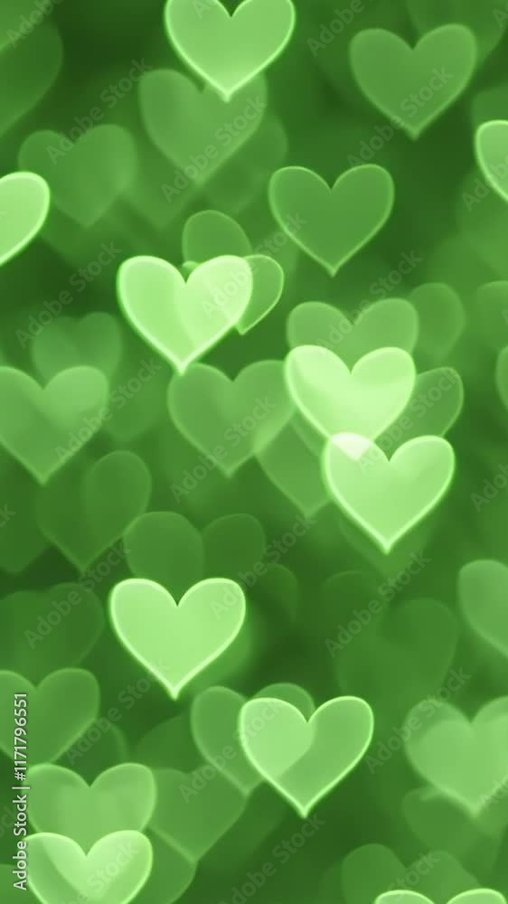 Scattered green hearts bokeh blurred looped background. Saint Valentine's day pattern texture Overlay, Likes