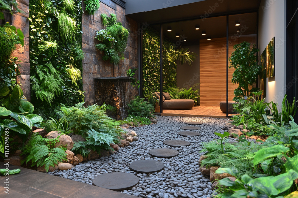 Fototapeta premium Tranquil Indoor Garden Design Featuring Stepping Stones and Lush Greenery