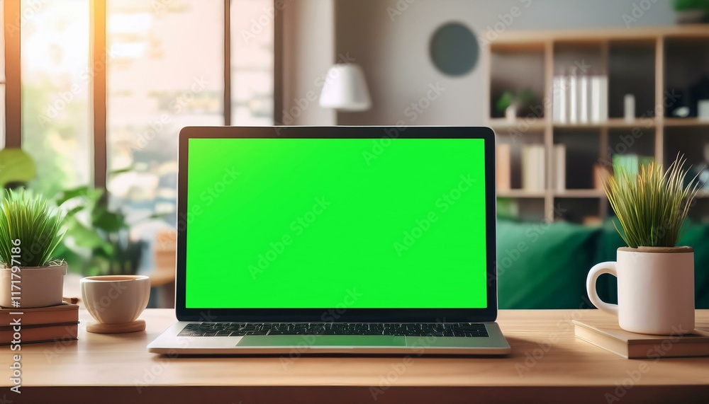 Fototapeta premium close up mockup laptop in cozy home office laptop with green screen on table in a modern home office