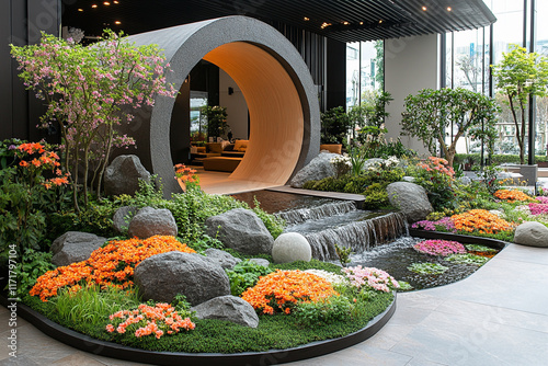 Tranquil Indoor Garden Design Featuring Waterfall and Flowers photo