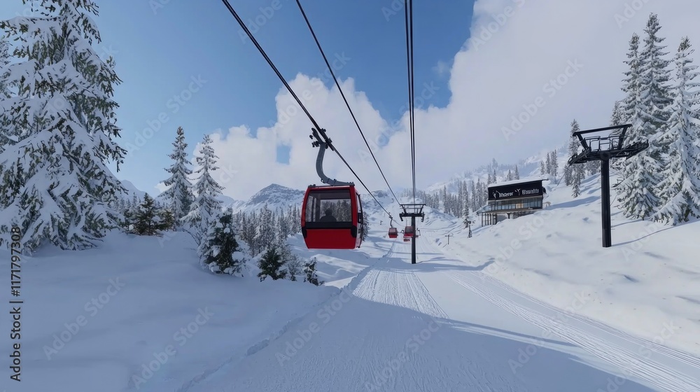 Scenic view of a ski lift in a snowy mountain landscape. Scenic view of a ski lift in a snowy mountain landscape.