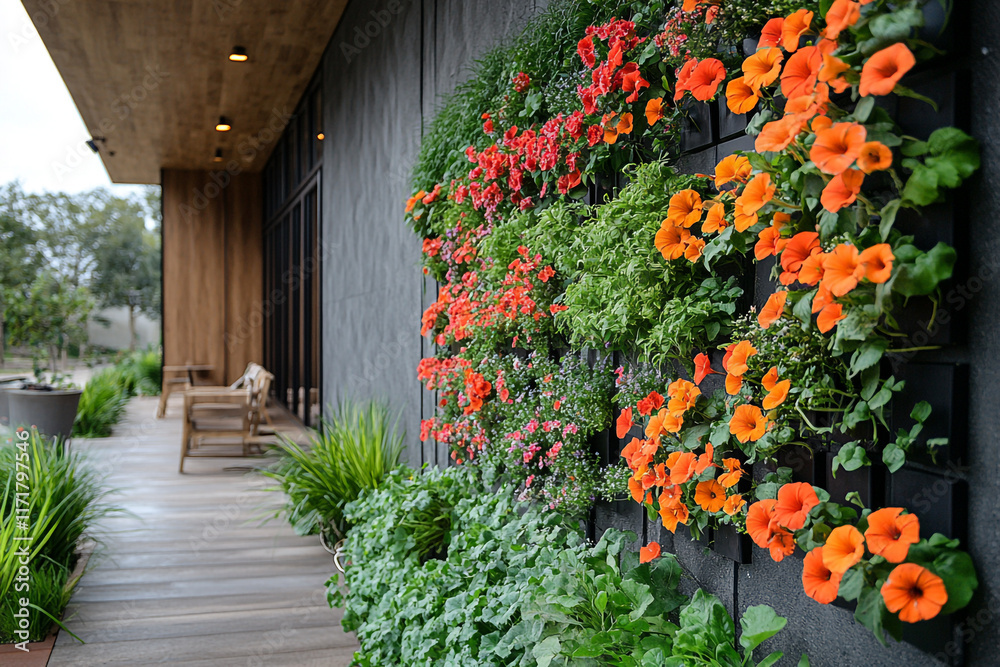 Fototapeta premium Vibrant orange flowers bloom on a vertical garden wall