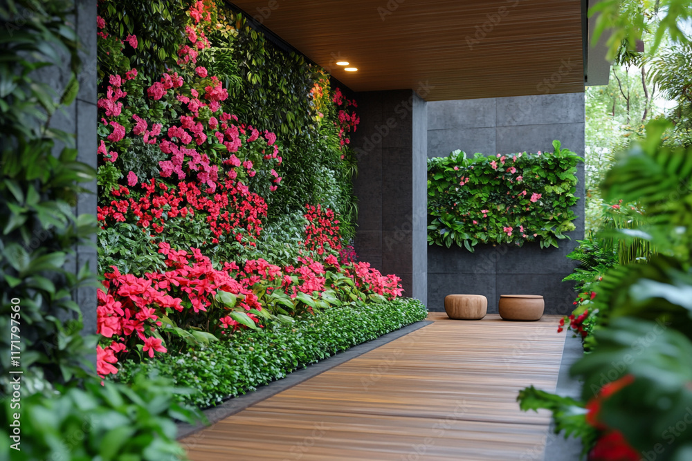 Naklejka premium Modern Outdoor Patio With Lush Vertical Garden Walls