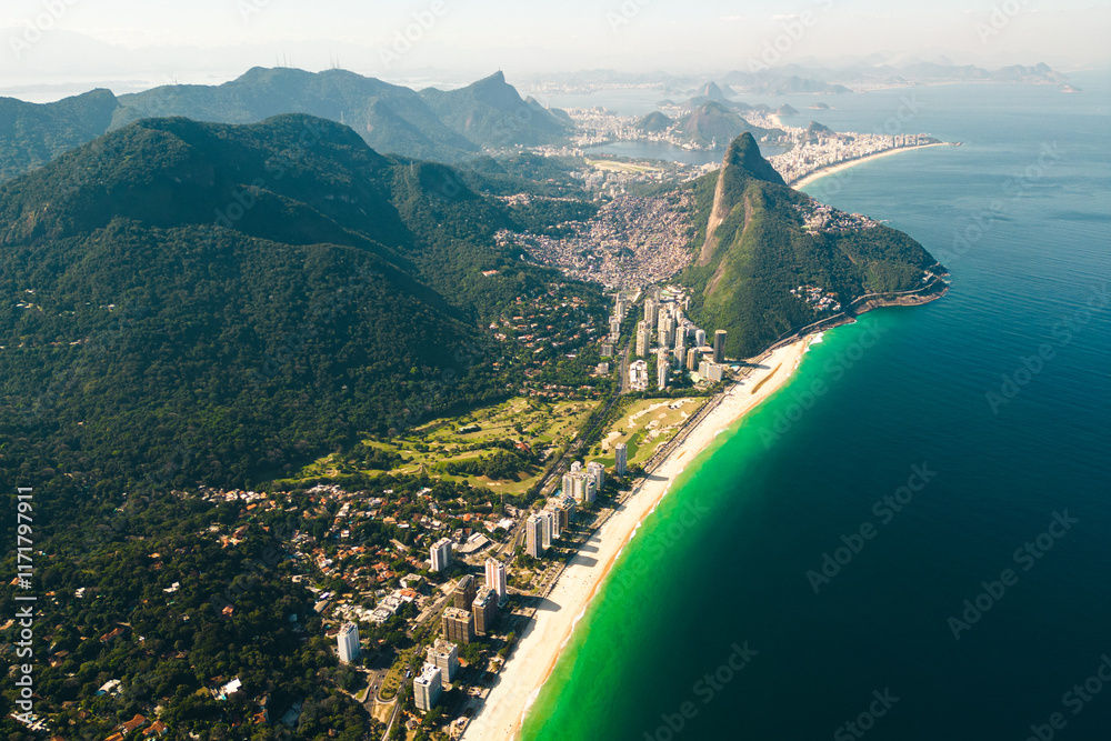 Φωτογραφία Beautiful Aerial View of Rio de Janeiro Coast With Mountains, Sao Conrado Beach