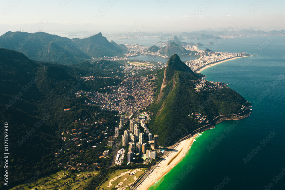 Φωτογραφία Beautiful Aerial View of Rio de Janeiro Coast With Mountains, Sao Conrado Beach