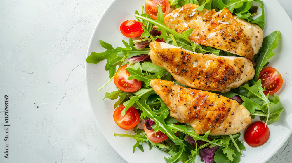A plate of grilled chicken and salad with tomatoes