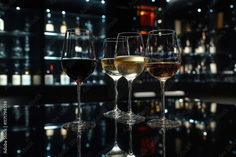 Three glasses of wine on a table, each in a different color and size, set against a backdrop of dimly lit candles, creating a cozy and inviting ambiance.