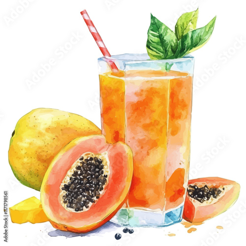 A watercolor vector painting of a glass of papaya and mango juice, isolated on a white background. Papaya Mango Juice vector.

