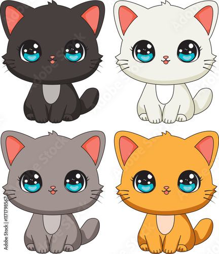Set of cute cats in various color cartoon illustration