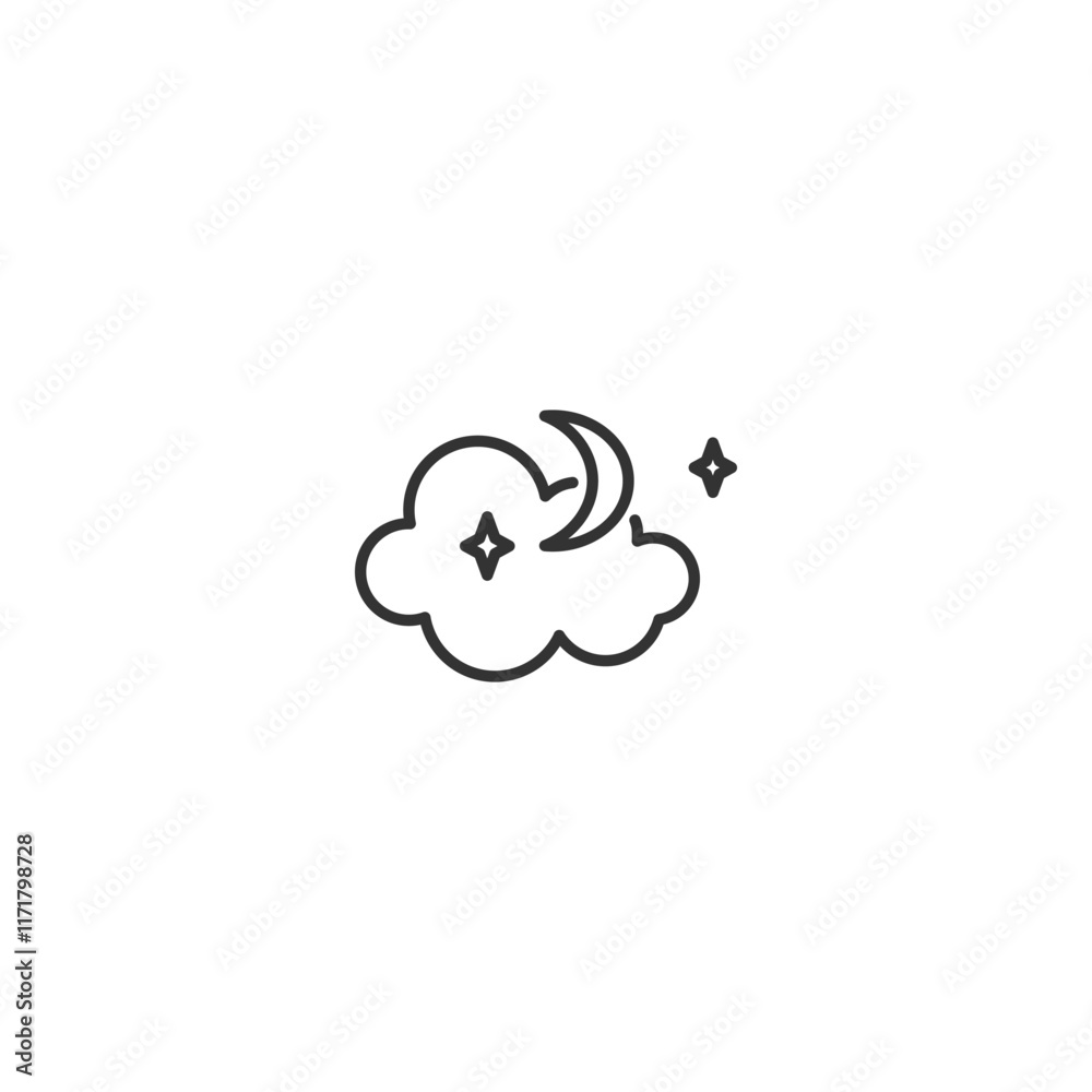 Minimalist night icon with cloud, moon and stars on white background
