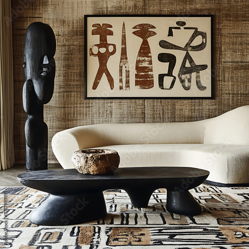 Minimal living room with African inspired sculptures photo