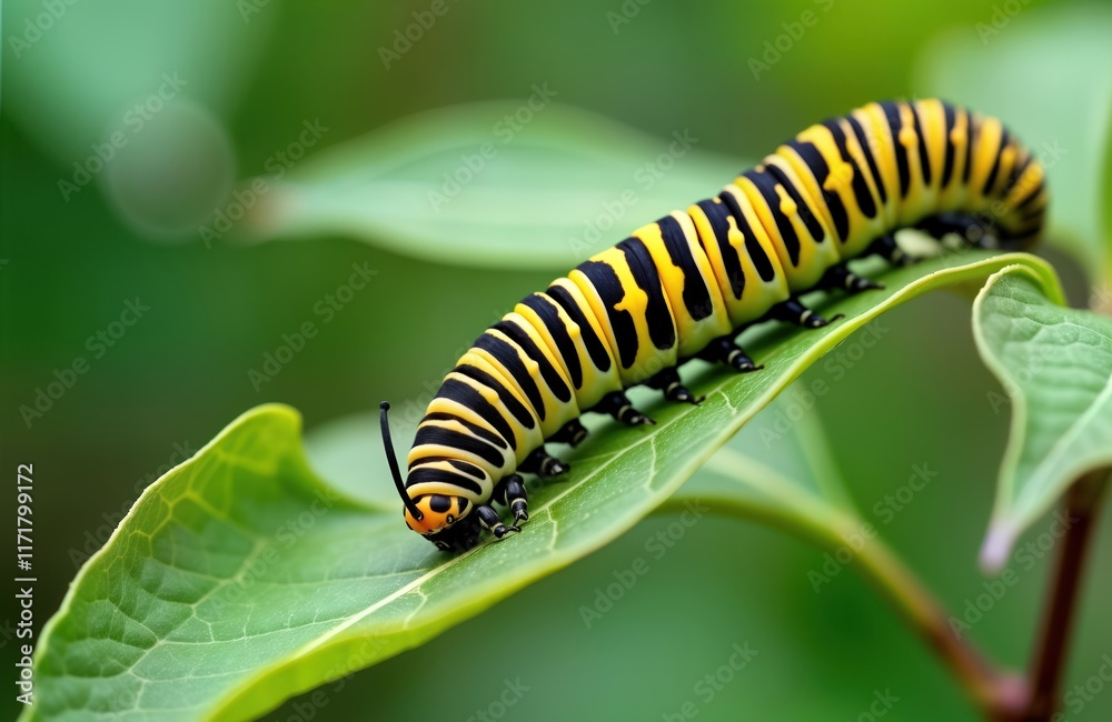 Close-up view of monarch butterfly eating milkweed leaf. Vivid black, yellow stripes adorn. Caterpillars life cycle. Close-up macro image of insect on green leaf. Nature wildlife image. Summer Close-up view of monarch butterfly eating milkweed leaf. Vivid black, yellow stripes adorn. Caterpillars life cycle. Close-up macro image of insect on green leaf. Nature wildlife image. Summer