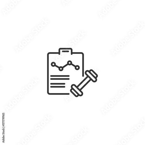 Fitness analytics icon with dumbbell and graph on clipboard