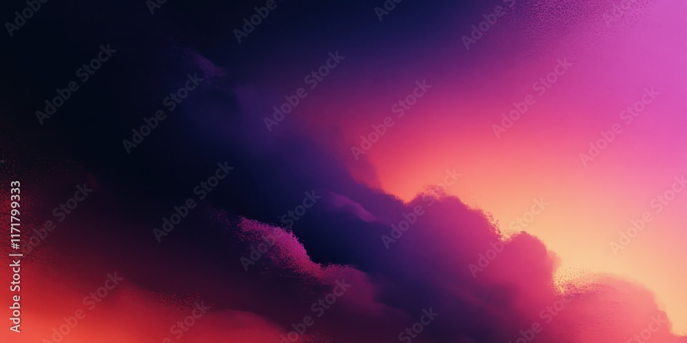 Naklejka premium Sunset sky, vibrant gradient, pink to purple clouds, dreamy atmosphere, colorful horizon, twilight colors, atmospheric perspective, ethereal landscape, digital art, fantasy background, wispy clouds, s