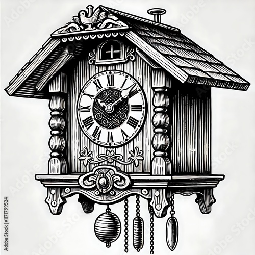 Black and White Vintage Cuckoo Clock Illustration for Wall Decor