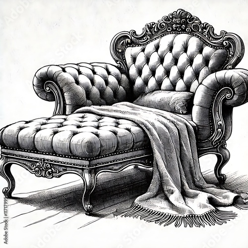 Black and White Victorian Chaise Lounge Drawing for Interior Design