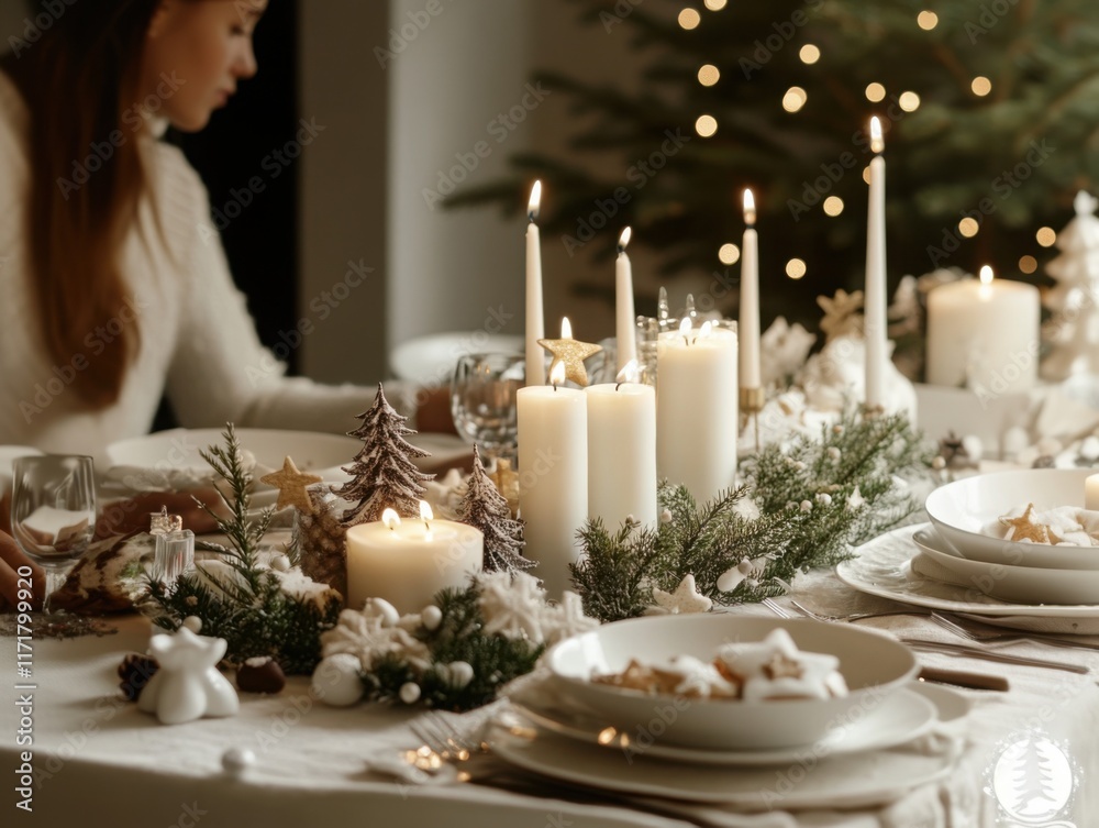 An intimate Christmas table arrangement featuring handcrafted textures and luxurious tableware. An intimate Christmas table arrangement featuring handcrafted textures and luxurious tableware.