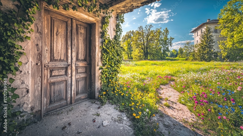 A rustic doorway surrounded by vibrant flowers and greenery. A rustic doorway surrounded by vibrant flowers and greenery.