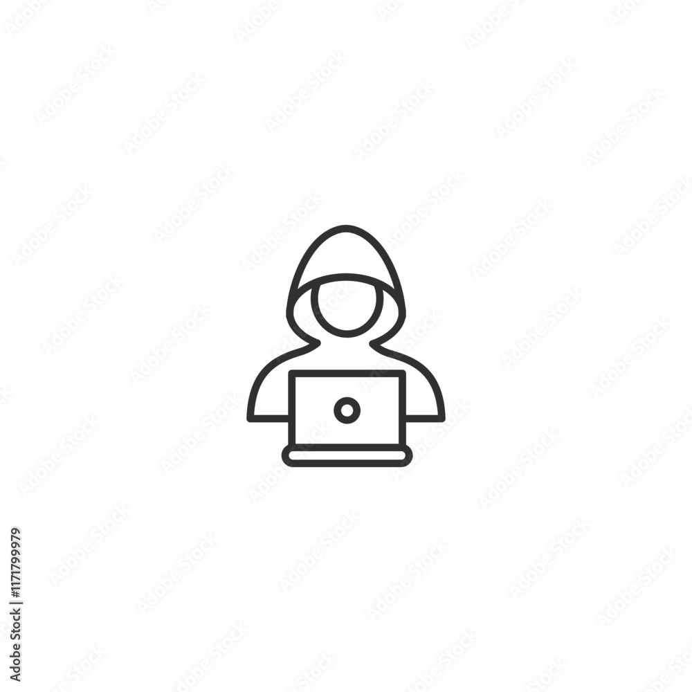 Minimalist outline of hooded cyber hacker with laptop Minimalist outline of hooded cyber hacker with laptop