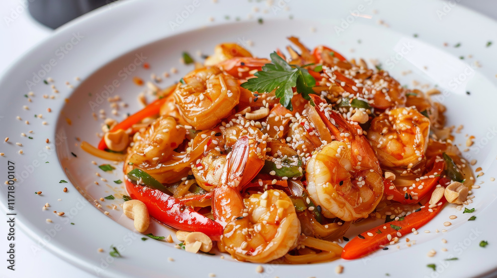 A plate of shrimp and vegetables with sesame seeds A plate of shrimp and vegetables with sesame seeds