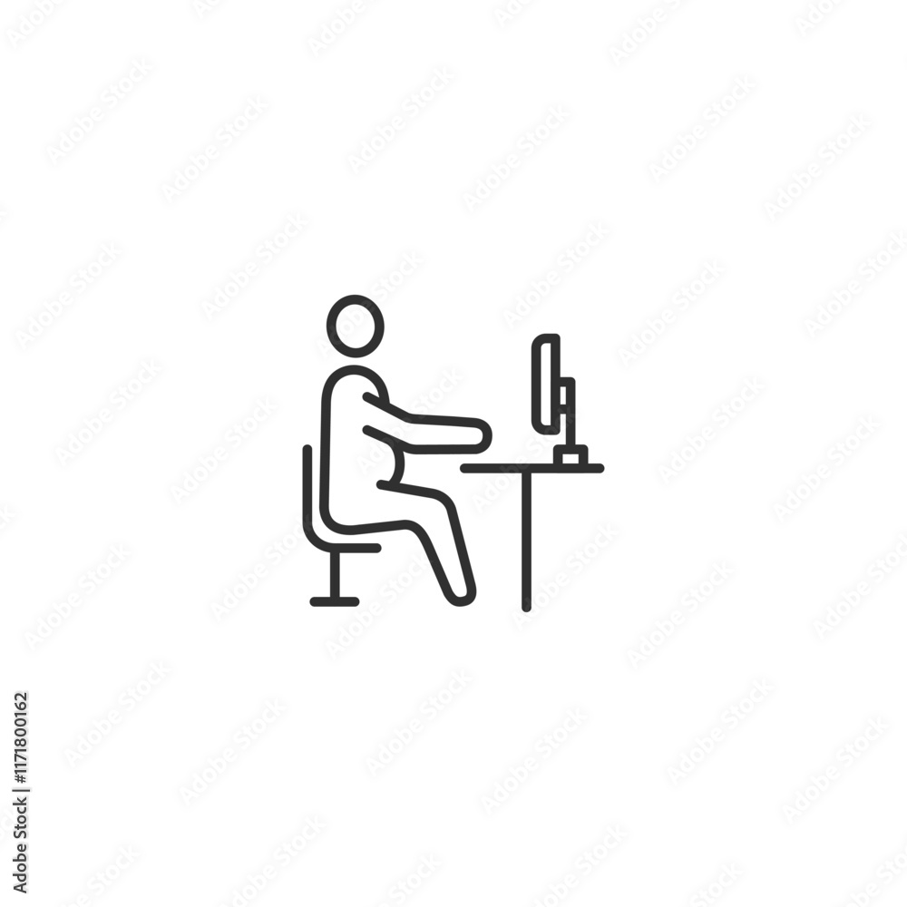 Minimalist office worker icon: person seated at desk with computer Minimalist office worker icon: person seated at desk with computer