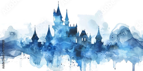 Enchanting Watercolor of a Blue Magic Castle, Isolated on a White Background, Creating a Dreamlike and Mystical Fantasy Realm