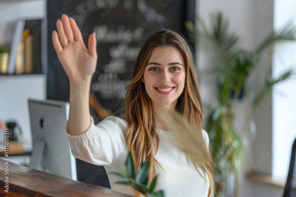 A woman is waving at the camera with a smile on her face A woman is waving at the camera with a smile on her face