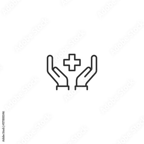 Healthcare support icon: hands holding medical cross symbol