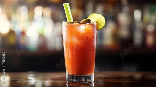 Bloody Mary mocktail in glass with tomato juicea non-alcoholic vodka substitute spices, garnished with a celery stick lime wedge, and olives drink rests on clean, dark surface with ambient lighting photo