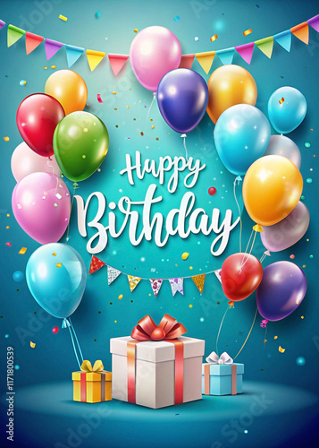 Festive birthday greeting with balloons, gifts, and confetti on a blue background.