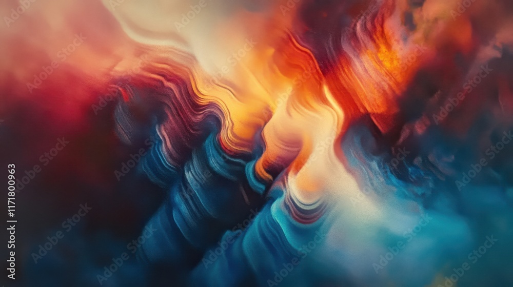 Fototapeta premium Abstract painting, blurred colors, orange and blue gradients, fluid textures, soft transitions, atmospheric, ethereal, emotional, vibrant, dynamic brushstrokes, panoramic composition, dreamlike, cosmi