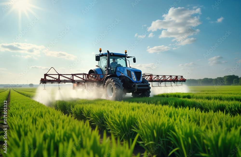 Fototapeta premium Blue tractor sprays green field. Farmer works on rural farm. Agricultural machinery sprays pesticide on fertile crop field in summer. Modern equipment protects plants from parasites. Beautiful sunny