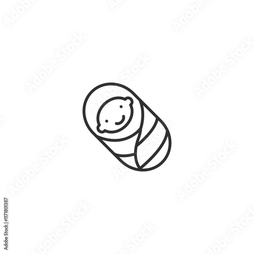 Minimalist baby swaddle icon with smiling newborn in black and white