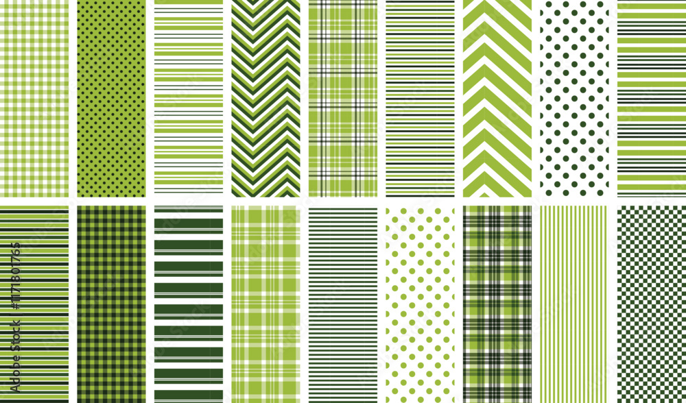 Green geometric seamless pattern set. 18 repeating patterns for fabric, backgrounds, apparel, paper crafts and more. Holiday, Christmas, St. Patrick's Day. Stripes, plaid, chevron, polka dots.