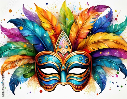 colorful brazilian carnival mask decorated with vibrant feathers on a white background with the word rio watercolor style