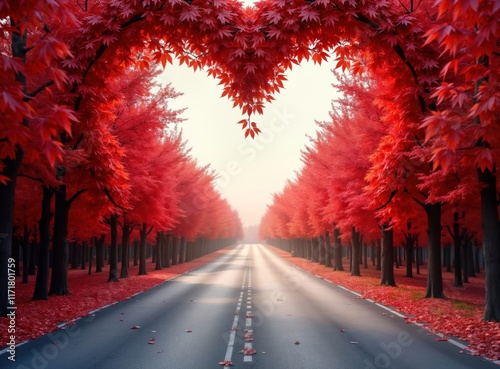 Autumnal road lined with vibrant red maple trees forms heart shape. Sunlight bathes paved road. Red leaves carpet ground. Nature beauty concept. Love scenery. Romantic fall scene. Countryside view.