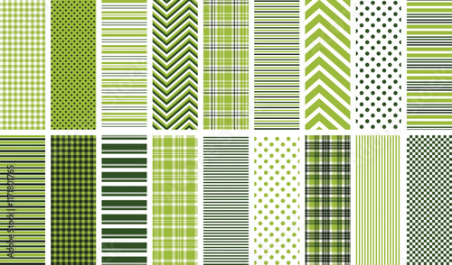 Green geometric seamless pattern set. 18 repeating patterns for fabric, backgrounds, apparel, paper crafts and more. Holiday, Christmas, St. Patrick's Day. Stripes, plaid, chevron, polka dots.