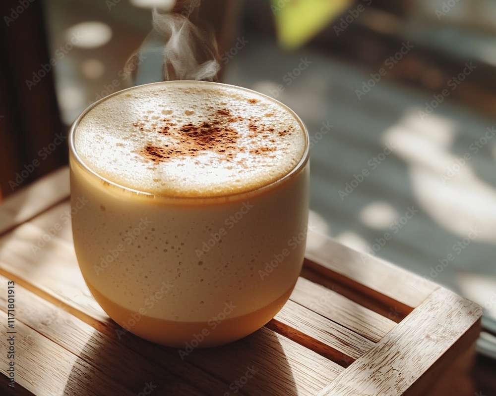Steaming coffee drink in glass on wooden tray. Steaming coffee drink in glass on wooden tray.