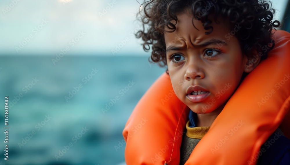 Young refugee child expresses sadness on migrant boat. Child wears orange life jacket. Ocean background. Child feels vulnerable, uncertain about journey. Hardship, displacement. Child on boat. Young refugee child expresses sadness on migrant boat. Child wears orange life jacket. Ocean background. Child feels vulnerable, uncertain about journey. Hardship, displacement. Child on boat.