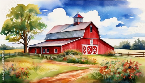 a detailed watercolor scene of a classic red barn nestled picture
