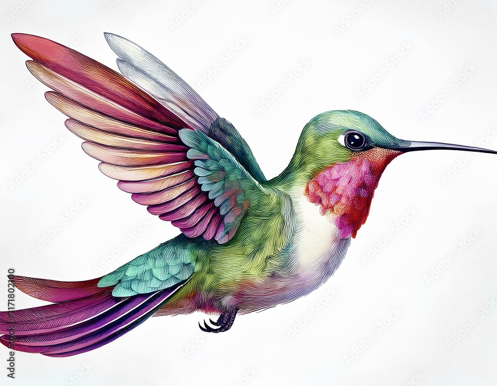Fototapeta premium hummingbird watercolor colorful birds illustration isolated white background summer clipart hand drawing tropical bird